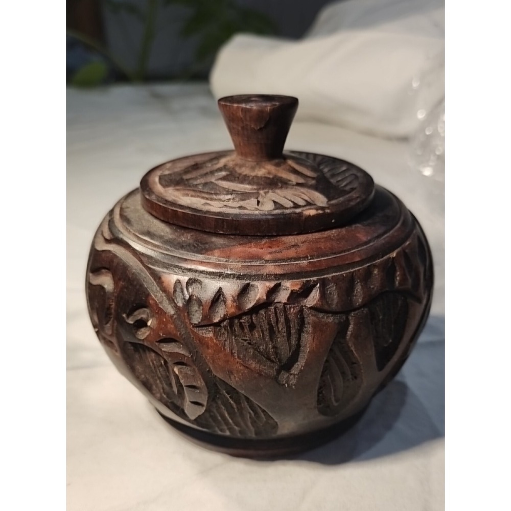 Vintage African Wooden Spice Jar Round Handmade Elephants Approx. 3" Bowl w/Lid